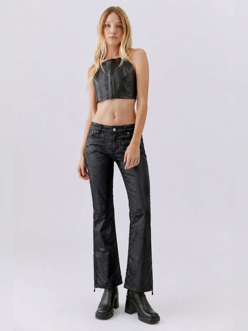 Vintage Y2K Tommy Hilfiger Black Parachute Low Rise Black Shiny Flare Pants
